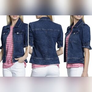 NWT $129 APNY Denim Jacket Puff Sleeve Ruffle Cuff Zip Front Medium Indigo M
